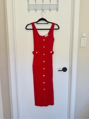 Michael Kors Red Ribbed Maxi Dress with Gold Buttons